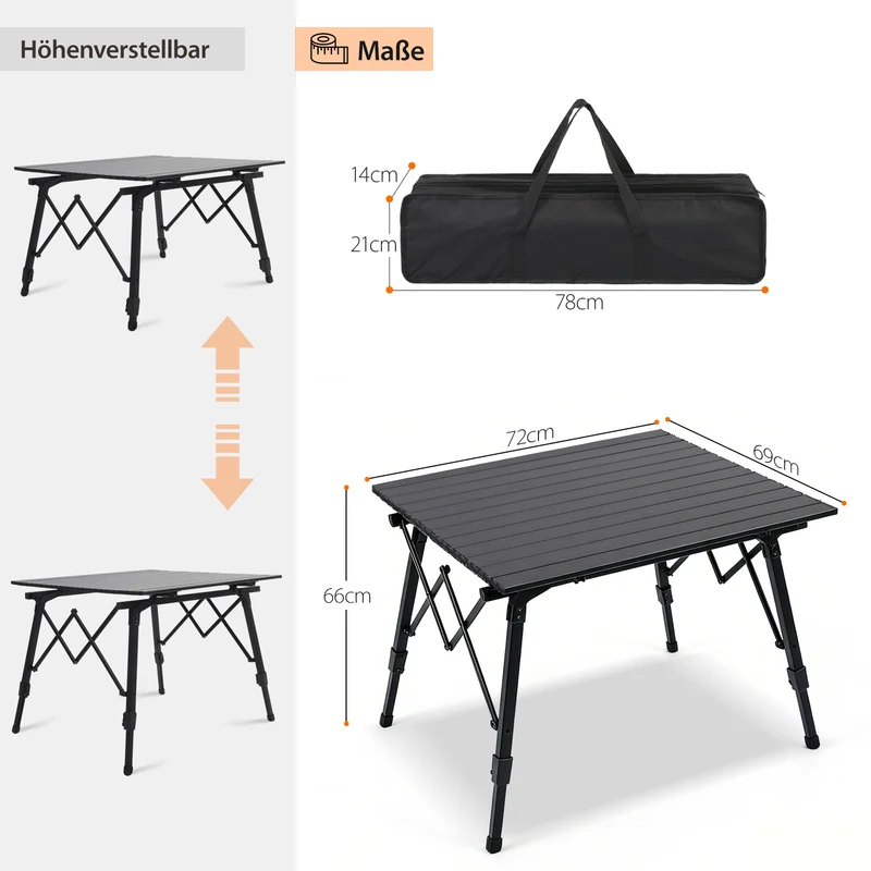 Sekey Campingtisch Aluminium Faltbar 72x69 cm – Ultraleichter Klapptisch Höhenverstellbar 46–66 cm, Wetterfest Balkontisch & Gartentisch mit Tragetasche
