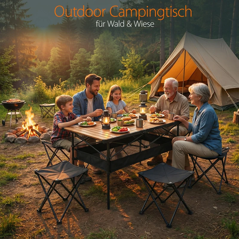 Sekey Klappbarer Campingtisch 120x60 cm – Ultraleichter Aluminium Gartentisch in Holzoptik, Faltbar & Rollbar, Wetterfest Balkontisch mit Ablagenetz & Tragetasche
