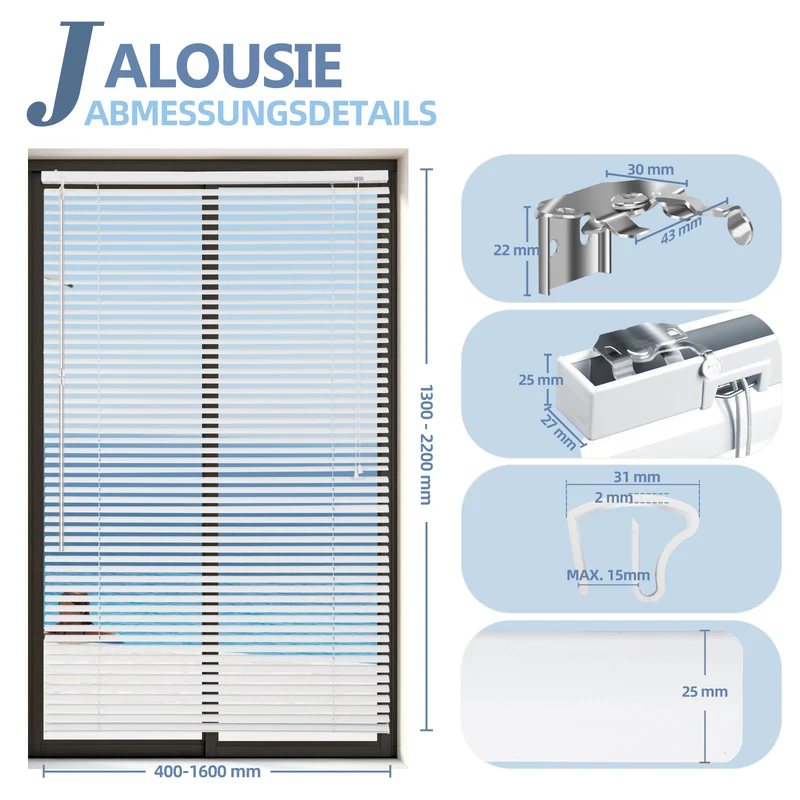 Sekey Aluminium Jalousie ohne Bohren – Klemmfix Jalousie für Fenster, 25 mm Alu-Lamellen, Lichtschutz & Sichtschutz, weiß