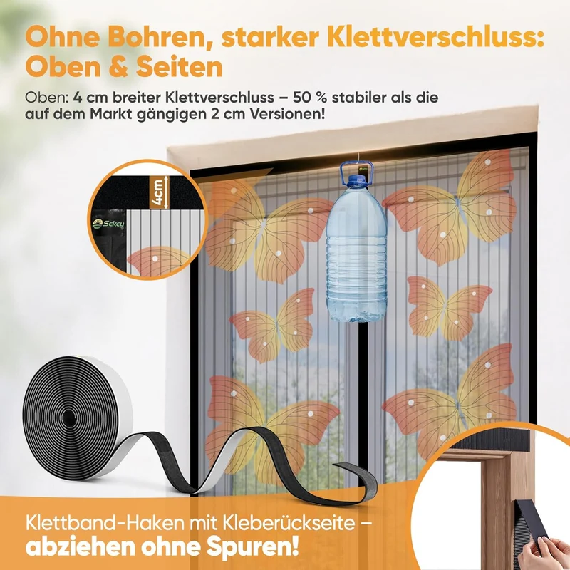 Sekey Fliegengitter Balkontür – Magnetischer Insektenschutz ohne Bohren, reißfest & wetterfest, lichtdurchlässig, mit extra starken Magneten & 4 cm Klettband – Schwarz