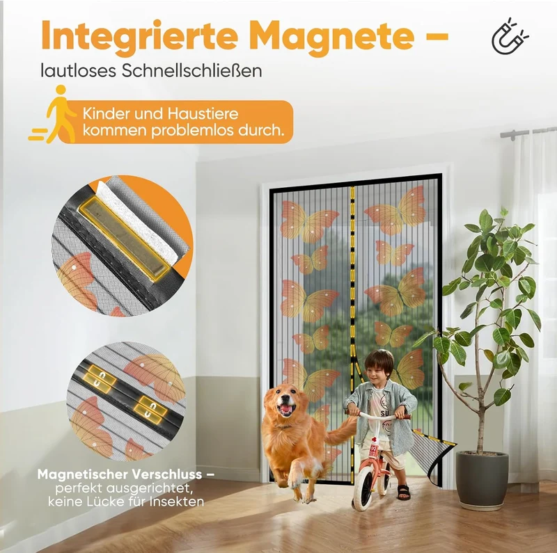 Sekey Fliegengitter Balkontür – Magnetischer Insektenschutz ohne Bohren, reißfest & wetterfest, lichtdurchlässig, mit extra starken Magneten & 4 cm Klettband – Schwarz