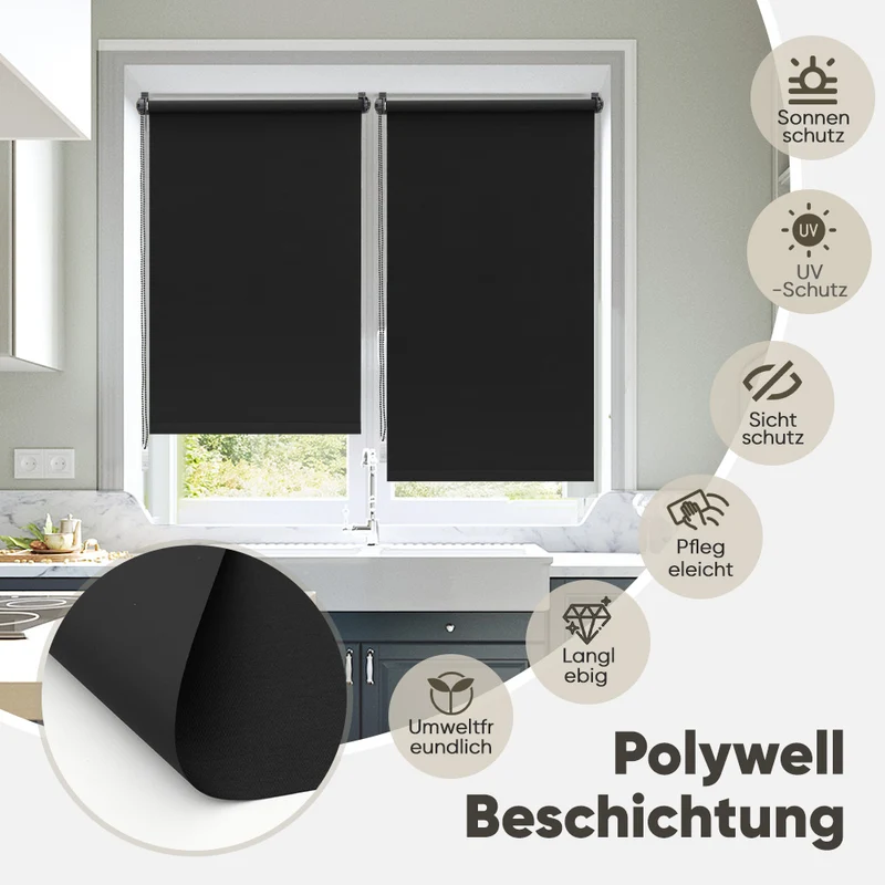 Sekey Verdunkelungsrollo ohne Bohren – Klemmfix Seitenzugrollo blickdicht & UV-Schutz, Sonnenschutz & Sichtschutz für Fenster, schwarz