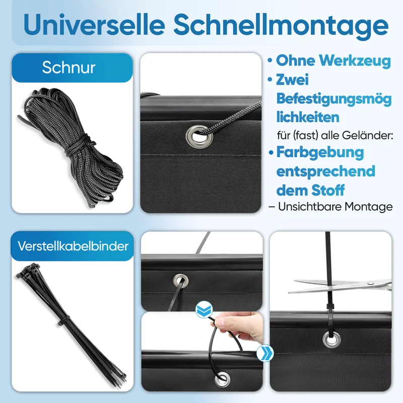 Sekey Balkon Sichtschutz blickdicht – 100% Privatsphäre, wetterfest & UV-beständig, mit Ösen, Kordel & Kabelbindern (PES, schwarz)