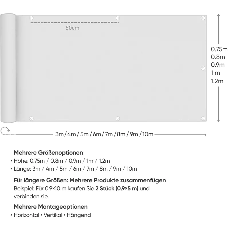 Sekey PES Balkon Sichtschutz blickdicht – Balkonabdeckung mit Wind- & UV-Schutz, schwarz, 160 g/m² PES, mit Ösen, Kordel & Kabelbindern