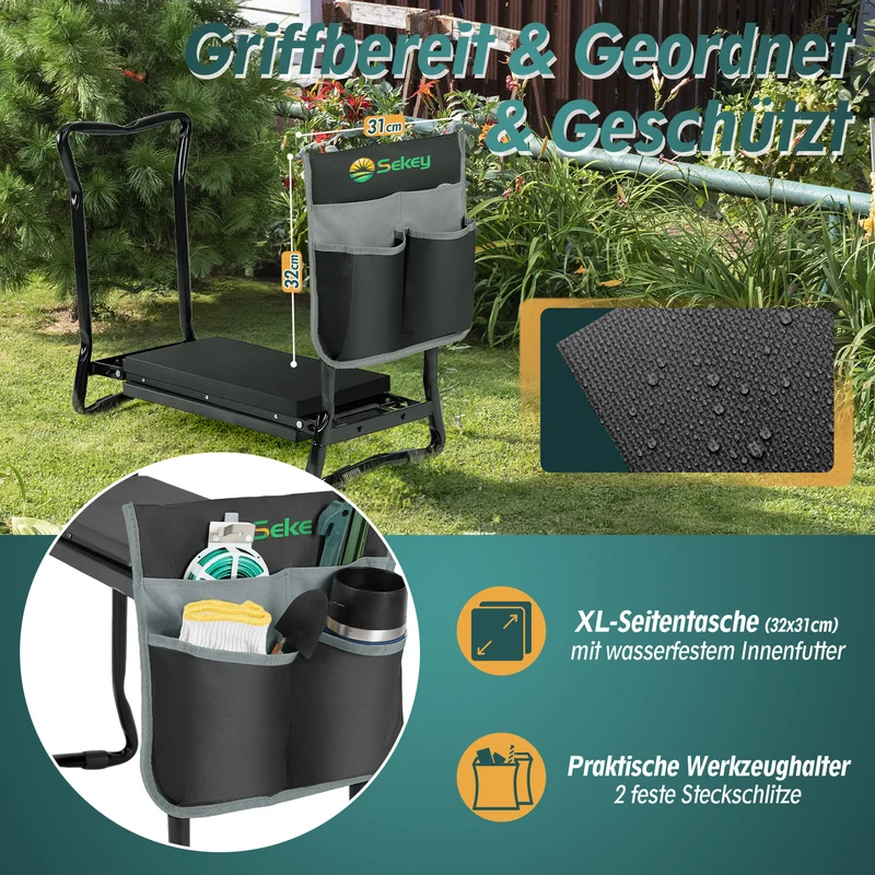 Sekey Höhenverstellbare Kniebank für Gartenarbeit – 2-in-1 Kniehilfe & Gartenhocker, Klappbar, bis 160 kg belastbar, mit Werkzeugtaschen, Schwarz