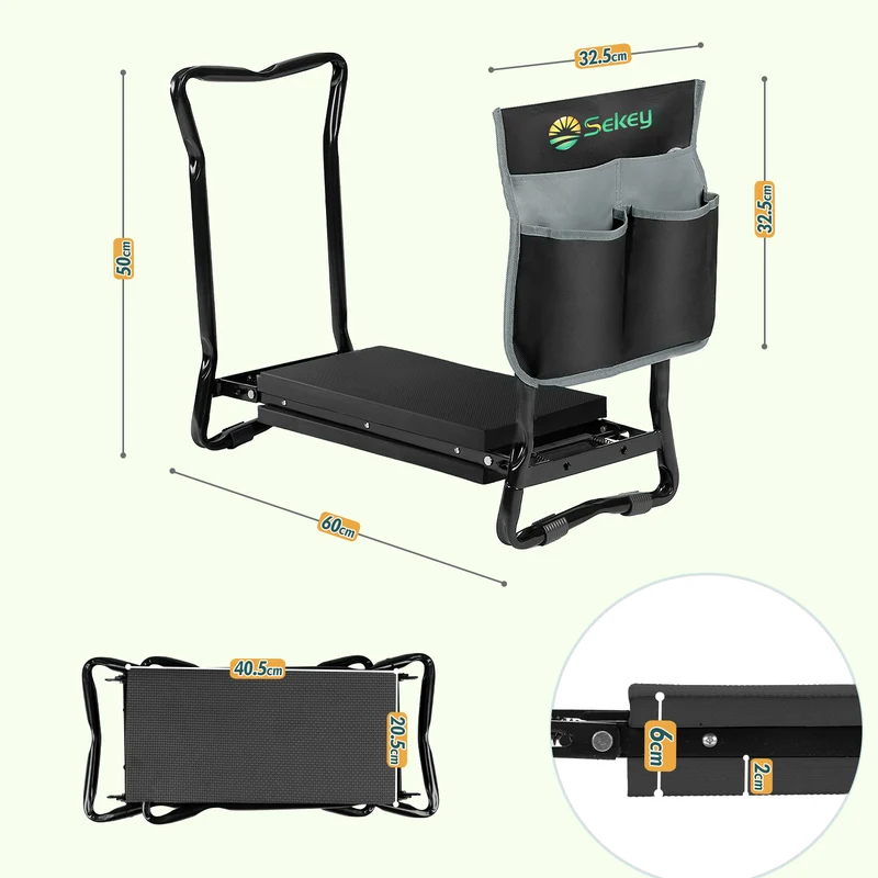 Sekey Höhenverstellbare Kniebank für Gartenarbeit – 2-in-1 Kniehilfe & Gartenhocker, Klappbar, bis 160 kg belastbar, mit Werkzeugtaschen, Schwarz