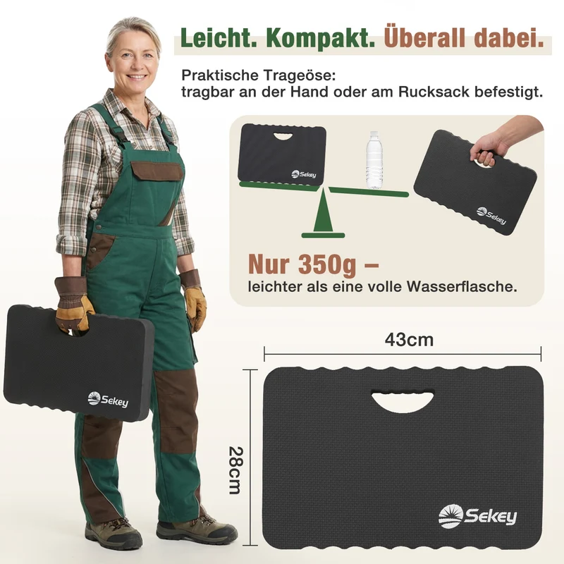 Sekey Kniekissen Gartenarbeit – 40 mm Extra Dicke Knie-Matte aus EVA, Rutschfest & Wasserfest, Multifunktionale Knieunterlage mit Griff, 43×28×4 cm