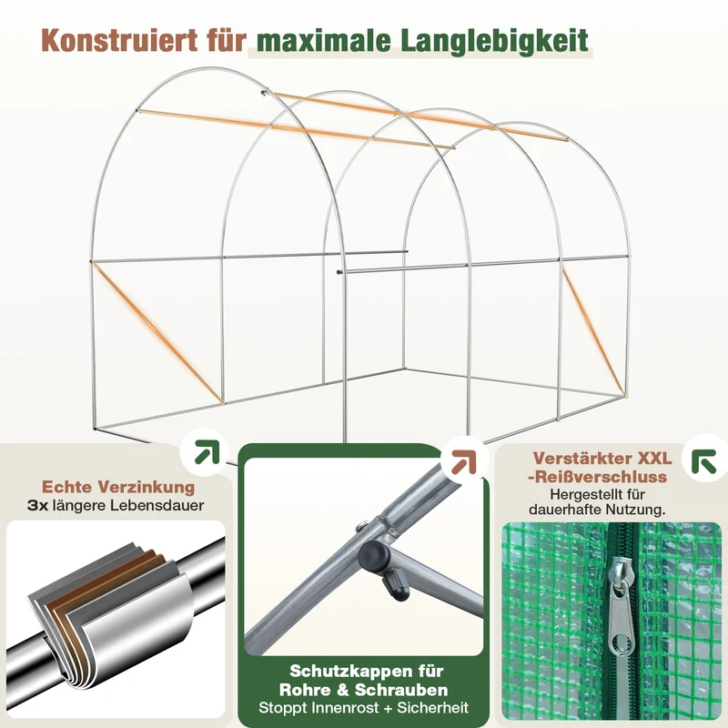 Sekey Winterfestes Foliengewächshaus 3×2×2 m – 6 m² Folientunnel aus verzinktem Stahl, 2 m Stehhöhe, 2 Türen & 4 Fenster, 140 g/m² PE-Folie inkl. Profi-Verankerung