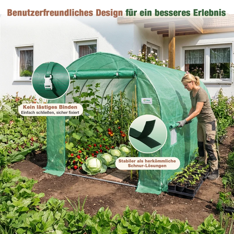 Sekey Winterfestes Foliengewächshaus 3×2×2 m – 6 m² Folientunnel aus verzinktem Stahl, 2 m Stehhöhe, 2 Türen & 4 Fenster, 140 g/m² PE-Folie inkl. Profi-Verankerung