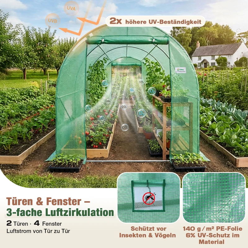 Sekey Winterfestes Foliengewächshaus 3×2×2 m – 6 m² Folientunnel aus verzinktem Stahl, 2 m Stehhöhe, 2 Türen & 4 Fenster, 140 g/m² PE-Folie inkl. Profi-Verankerung