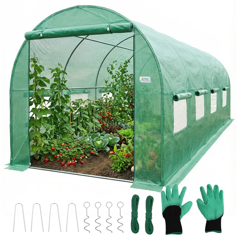 Sekey Winterfestes Foliengewächshaus 4×2×2 m – 8 m² Folientunnel aus verzinktem Stahl, 2 m Stehhöhe, 2 Türen & 8 Fenster, 140 g/m² PE-Folie inkl. Profi-Verankerung