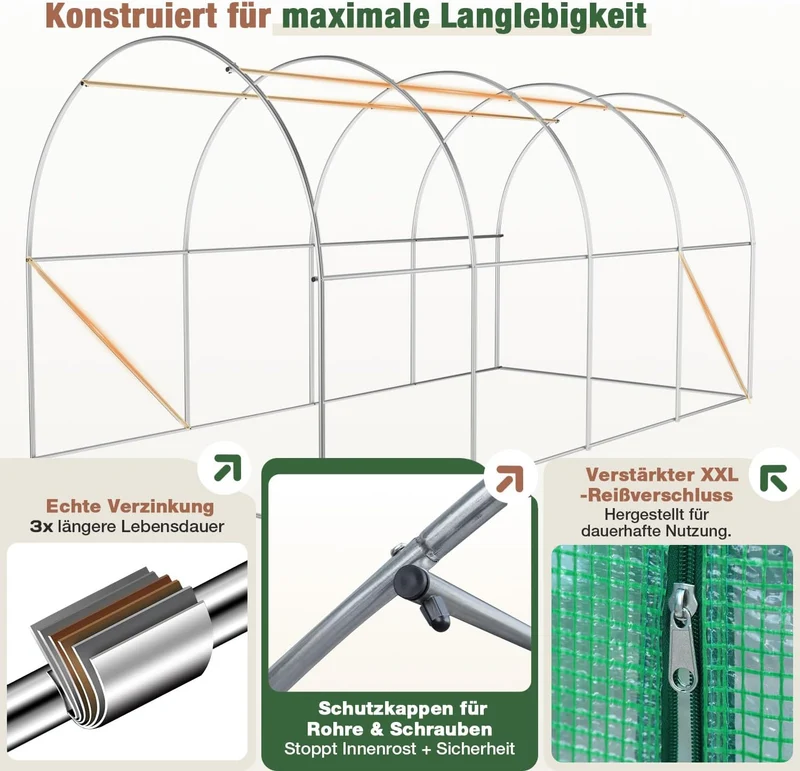 Sekey Winterfestes Foliengewächshaus 4×2×2 m – 8 m² Folientunnel aus verzinktem Stahl, 2 m Stehhöhe, 2 Türen & 8 Fenster, 140 g/m² PE-Folie inkl. Profi-Verankerung