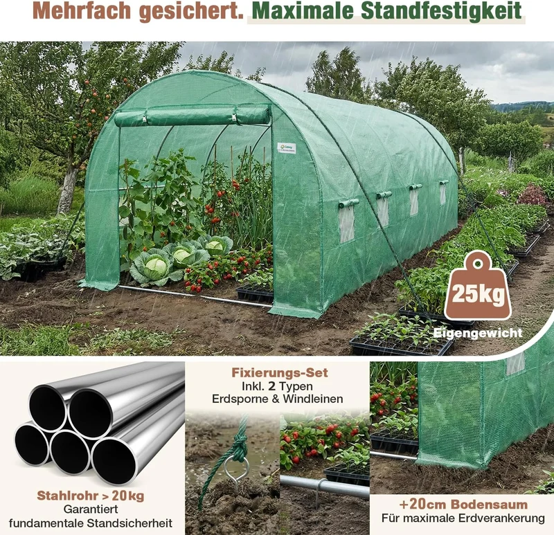 Sekey Winterfestes Foliengewächshaus 4×2×2 m – 8 m² Folientunnel aus verzinktem Stahl, 2 m Stehhöhe, 2 Türen & 8 Fenster, 140 g/m² PE-Folie inkl. Profi-Verankerung