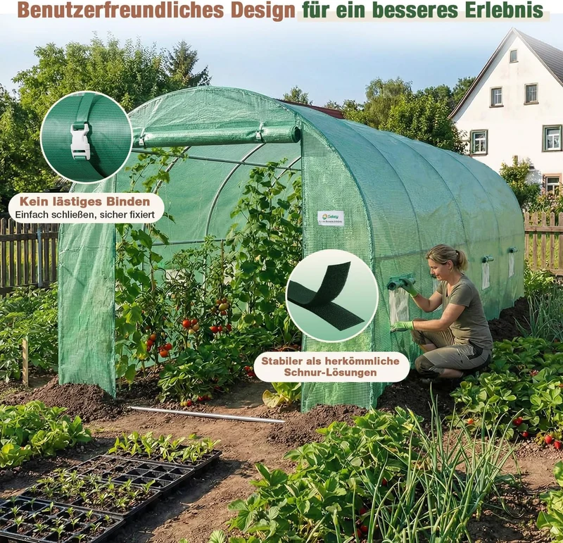 Sekey Winterfestes Foliengewächshaus 4×2×2 m – 8 m² Folientunnel aus verzinktem Stahl, 2 m Stehhöhe, 2 Türen & 8 Fenster, 140 g/m² PE-Folie inkl. Profi-Verankerung