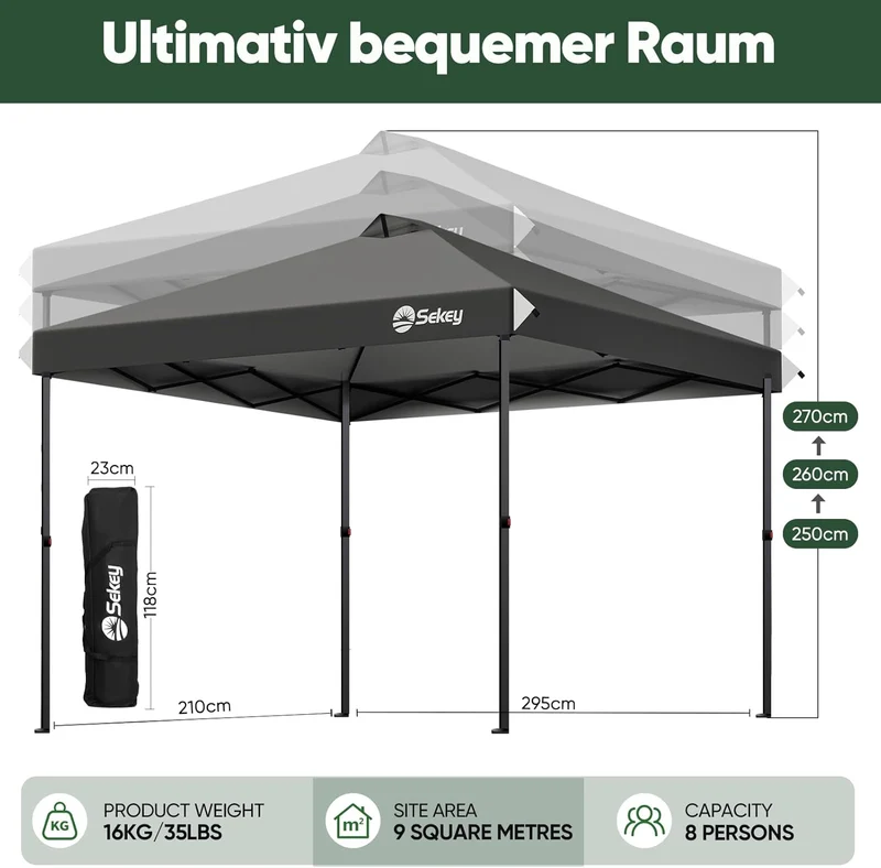 Sekey Premium Faltpavillon 3×3 m – Wasserdicht & Winterfest, Pop-Up Pavillon mit 4 Seitenwänden, Einweg-Privatsphäre-Fenstern, Schnellaufbau & UPF 50+