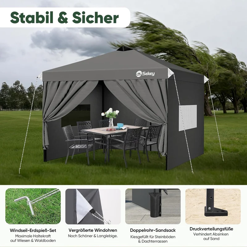 Sekey Premium Faltpavillon 3×3 m – Wasserdicht & Winterfest, Pop-Up Pavillon mit 4 Seitenwänden, Einweg-Privatsphäre-Fenstern, Schnellaufbau & UPF 50+