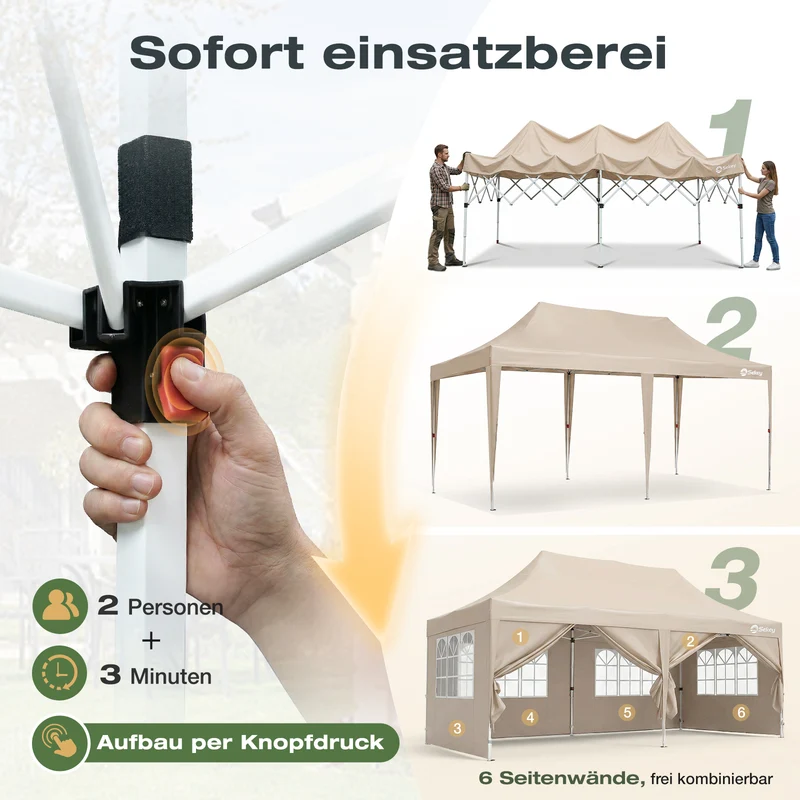 Sekey 3x6m Faltpavillon mit Seitenwand – Pop-Up Pavillon Wasserdicht (PU1000+) & UV50+, Stabil & Winterfest, Gartenpavillon mit hoher Spitze für Party, Camping & Events
