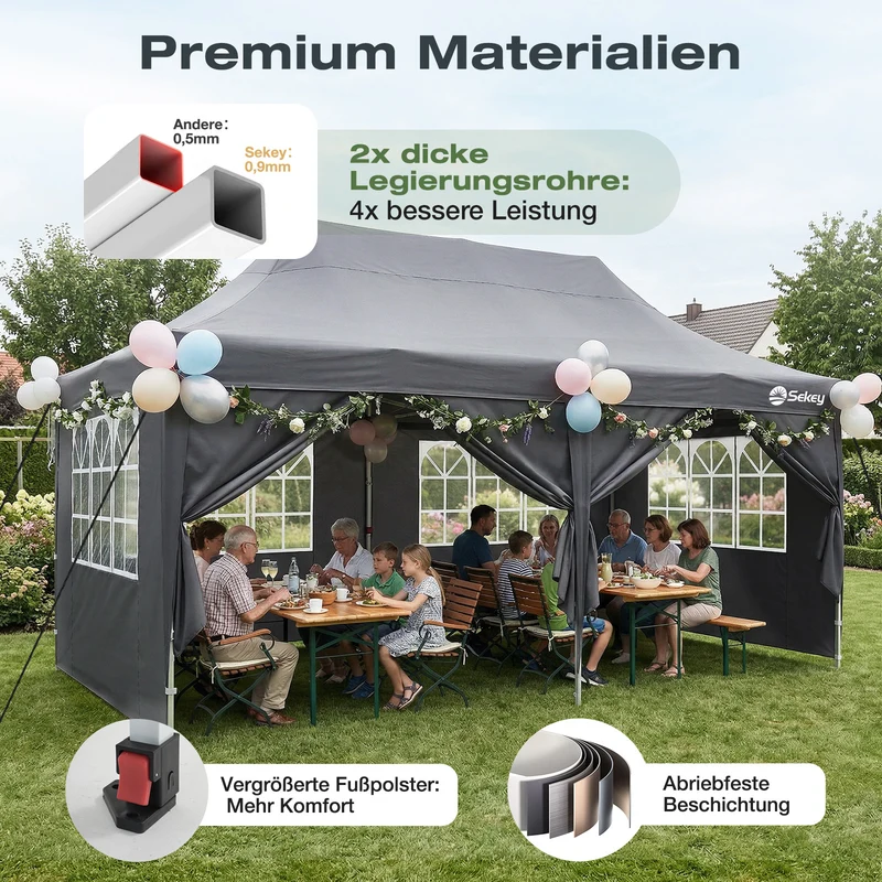 Sekey 3x6m Faltpavillon mit Seitenwand – Pop-Up Pavillon Wasserdicht (PU1000+) & UV50+, Stabil & Winterfest, Gartenpavillon mit hoher Spitze für Party, Camping & Events