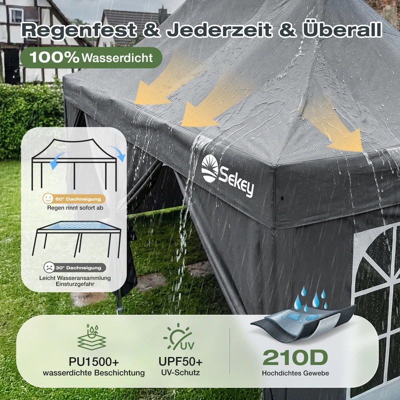 Sekey 3x6m Faltpavillon mit Seitenwand – Pop-Up Pavillon Wasserdicht (PU1000+) & UV50+, Stabil & Winterfest, Gartenpavillon mit hoher Spitze für Party, Camping & Events