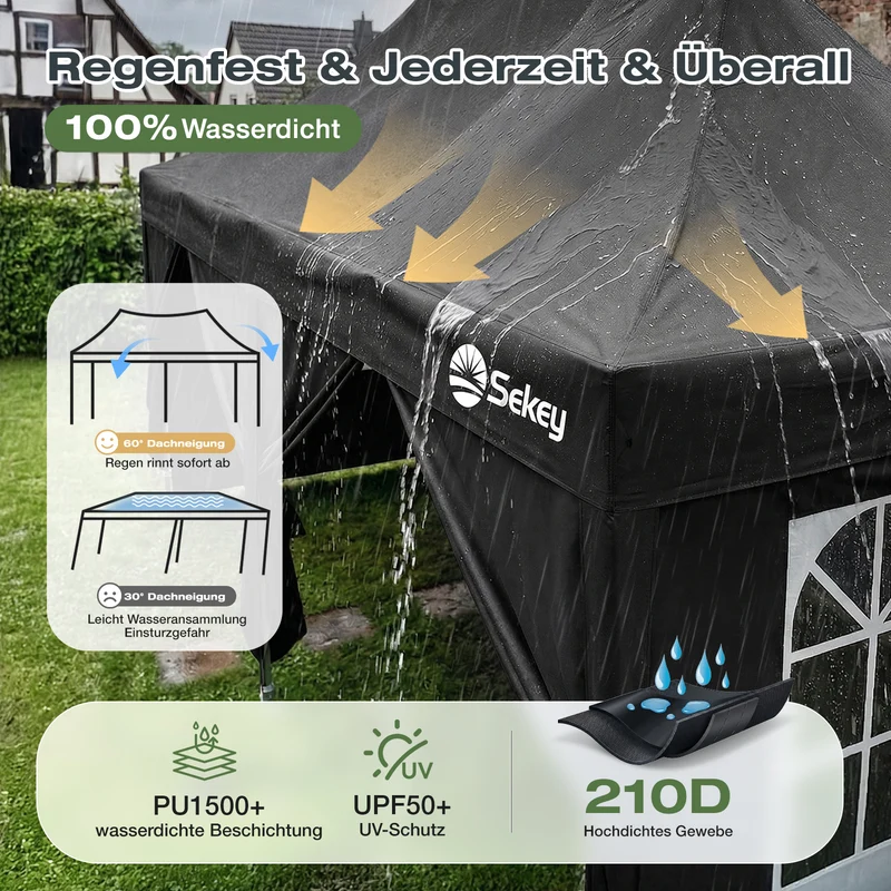 Sekey 3x6m Faltpavillon mit Seitenwand – Pop-Up Pavillon Wasserdicht (PU1000+) & UV50+, Stabil & Winterfest, Gartenpavillon mit hoher Spitze für Party, Camping & Events