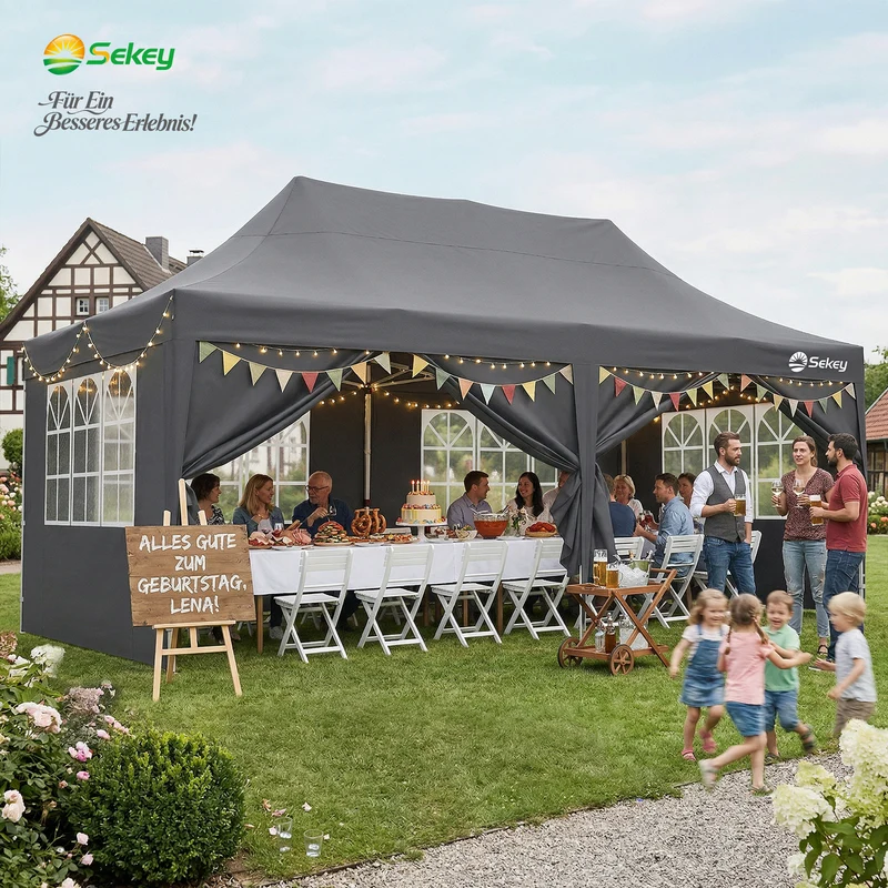 Sekey 3x6m Faltpavillon mit Seitenwand – Pop-Up Pavillon Wasserdicht (PU1000+) & UV50+, Stabil & Winterfest, Gartenpavillon mit hoher Spitze für Party, Camping & Events