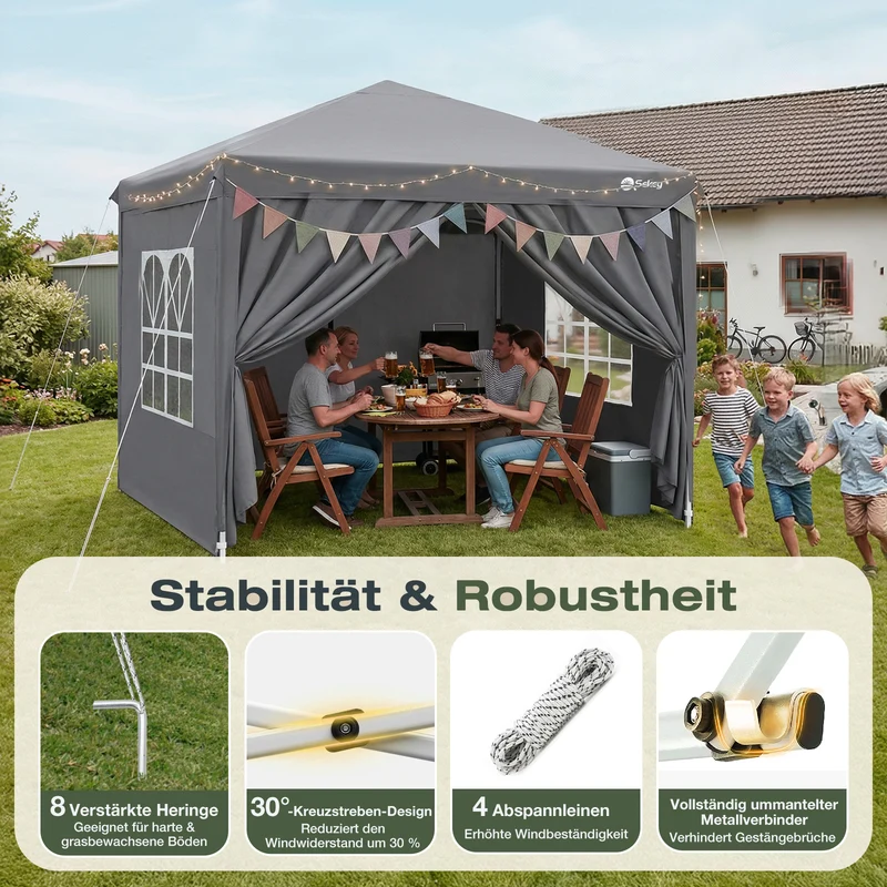 Sekey 2x2m Pop-Up Pavillon mit Seitenwänden – Wasserdicht, Windfest & Winterfest, Faltpavillon Höhenverstellbar, Partyzelt für Garten, Camping & Events