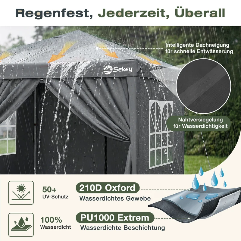 Sekey 2x2m Pop-Up Pavillon mit Seitenwänden – Wasserdicht, Windfest & Winterfest, Faltpavillon Höhenverstellbar, Partyzelt für Garten, Camping & Events