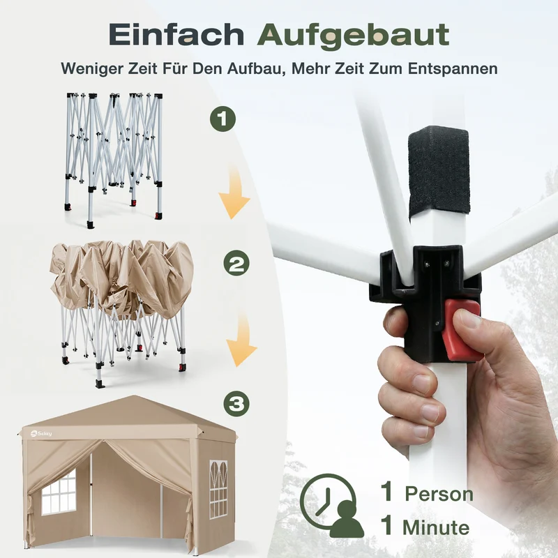 Sekey 2x2m Pop-Up Pavillon mit Seitenwänden – Wasserdicht, Windfest & Winterfest, Faltpavillon Höhenverstellbar, Partyzelt für Garten, Camping & Events