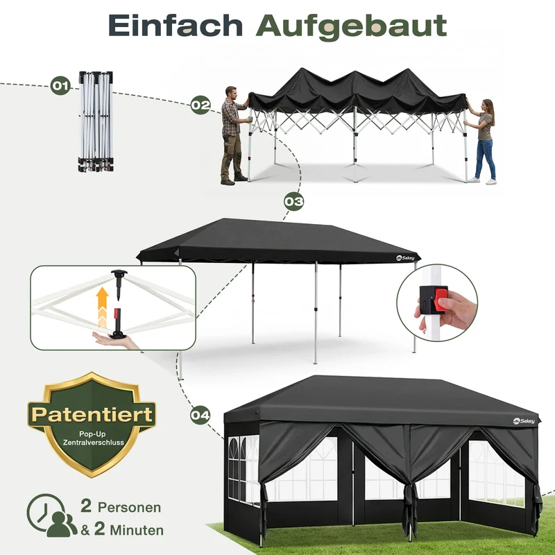 Sekey 3x6m One-Touch Pop-Up Pavillon mit Seitenwänden – Wasserdicht & Windfest, Faltpavillon mit 4 Sandsäcken, Höhenverstellbar, Schnellaufbau für Garten, Camping & Events