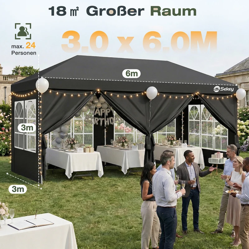 Sekey 3x6m One-Touch Pop-Up Pavillon mit Seitenwänden – Wasserdicht & Windfest, Faltpavillon mit 4 Sandsäcken, Höhenverstellbar, Schnellaufbau für Garten, Camping & Events