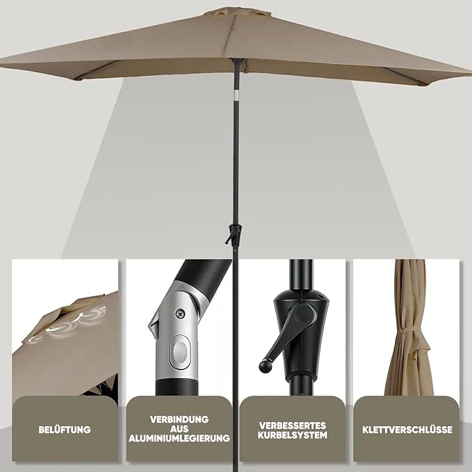 Sekey Aluminium Sonnenschirm Rechteck mit Kurbel & Knickfunktion – UV50+ Gartenschirm 38 mm Stange, 12x18 mm Streben für Balkon, Terrasse & Garten