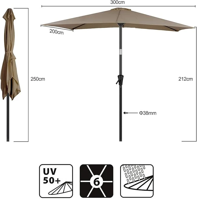 Sekey Aluminium Sonnenschirm Rechteck mit Kurbel & Knickfunktion – UV50+ Gartenschirm 38 mm Stange, 12x18 mm Streben für Balkon, Terrasse & Garten