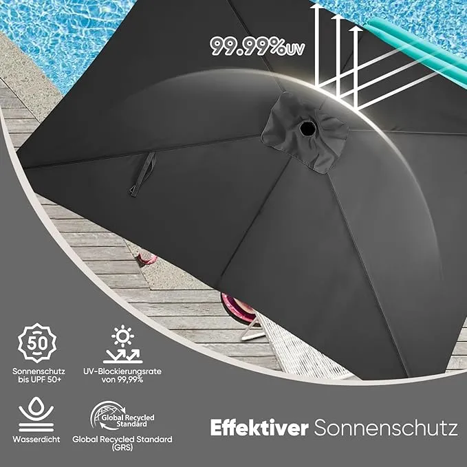Sekey Aluminium Sonnenschirm Rechteck mit Kurbel & Knickfunktion – UV50+ Gartenschirm 38 mm Stange, 12x18 mm Streben für Balkon, Terrasse & Garten