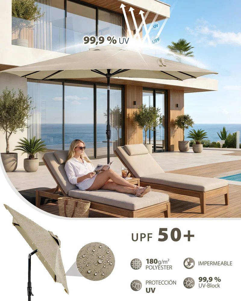 Sekey Sonnenschirm Rechteck 210x140 cm mit Kurbel & Auto-Neigung – stabiler Balkon Sonnenschirm 38 mm Stahlrohr, UV-Schutz Marktschirm für Garten & Terrasse