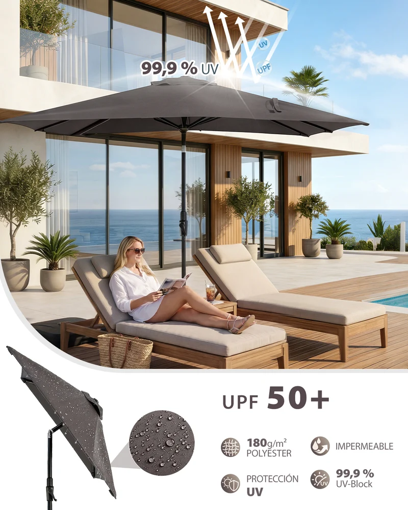 Sekey Sonnenschirm Rechteck 210x140 cm mit Kurbel & Auto-Neigung – stabiler Balkon Sonnenschirm 38 mm Stahlrohr, UV-Schutz Marktschirm für Garten & Terrasse