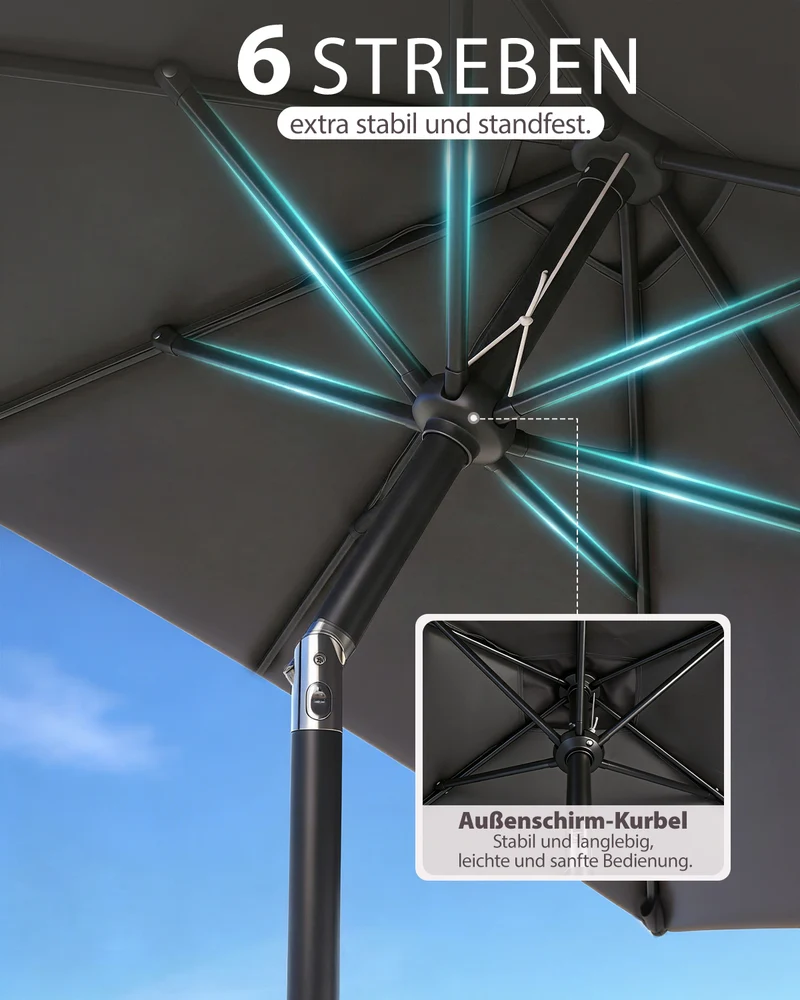 Sekey Sonnenschirm Rechteck 210x140 cm mit Kurbel & Auto-Neigung – stabiler Balkon Sonnenschirm 38 mm Stahlrohr, UV-Schutz Marktschirm für Garten & Terrasse