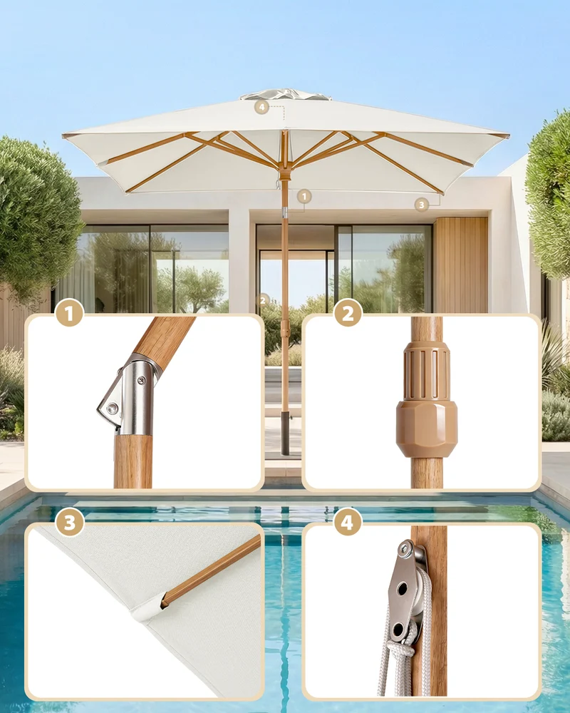 Sekey Sonnenschirm Balkon Holzoptik Rechteckig 200x150 cm – Höhenverstellbar, UV50+ Polyester, Aluminium Drehgelenk, Doppel-Seilzug, Winddach für Balkon, Garten und Terrasse