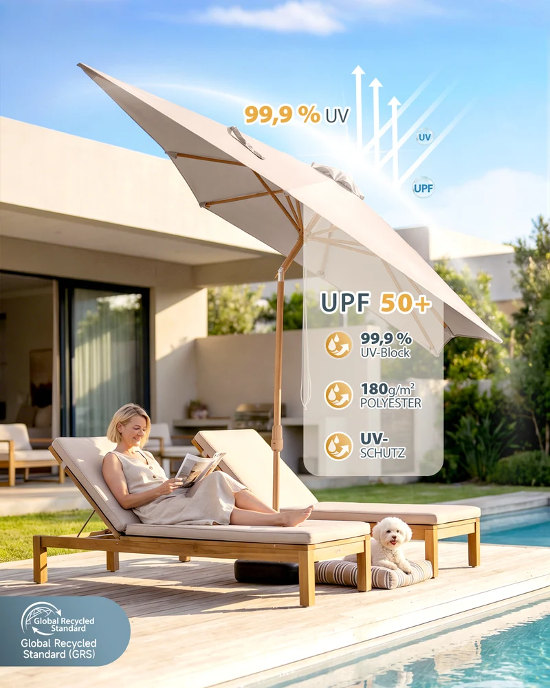 Sekey Sonnenschirm Balkon Holzoptik Rechteckig 200x150 cm – Höhenverstellbar, UV50+ Polyester, Aluminium Drehgelenk, Doppel-Seilzug, Winddach für Balkon, Garten und Terrasse