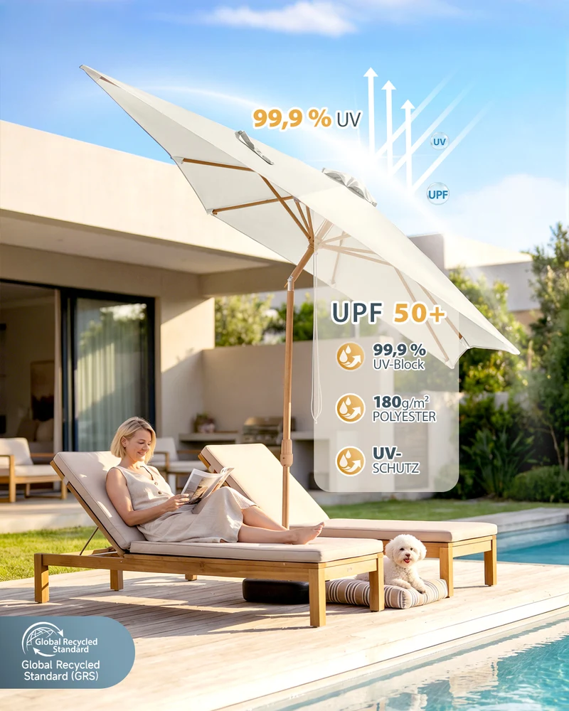 Sekey Sonnenschirm Rechteck 200x300 cm in Holzoptik – höhenverstellbar, UV50+, mit Dreh-Kippfunktion & Kurbel, Eisenmast 38 mm für Balkon, Terrasse & Garten