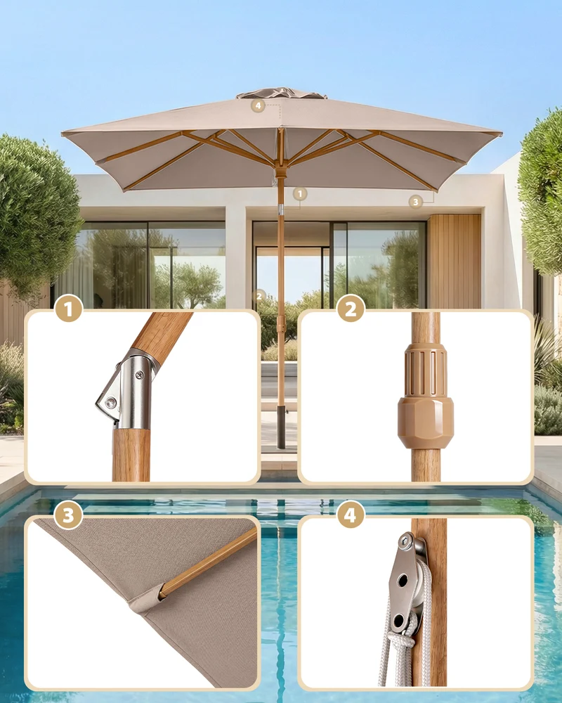 Sekey Sonnenschirm Rechteck 200x300 cm in Holzoptik – höhenverstellbar, UV50+, mit Dreh-Kippfunktion & Kurbel, Eisenmast 38 mm für Balkon, Terrasse & Garten