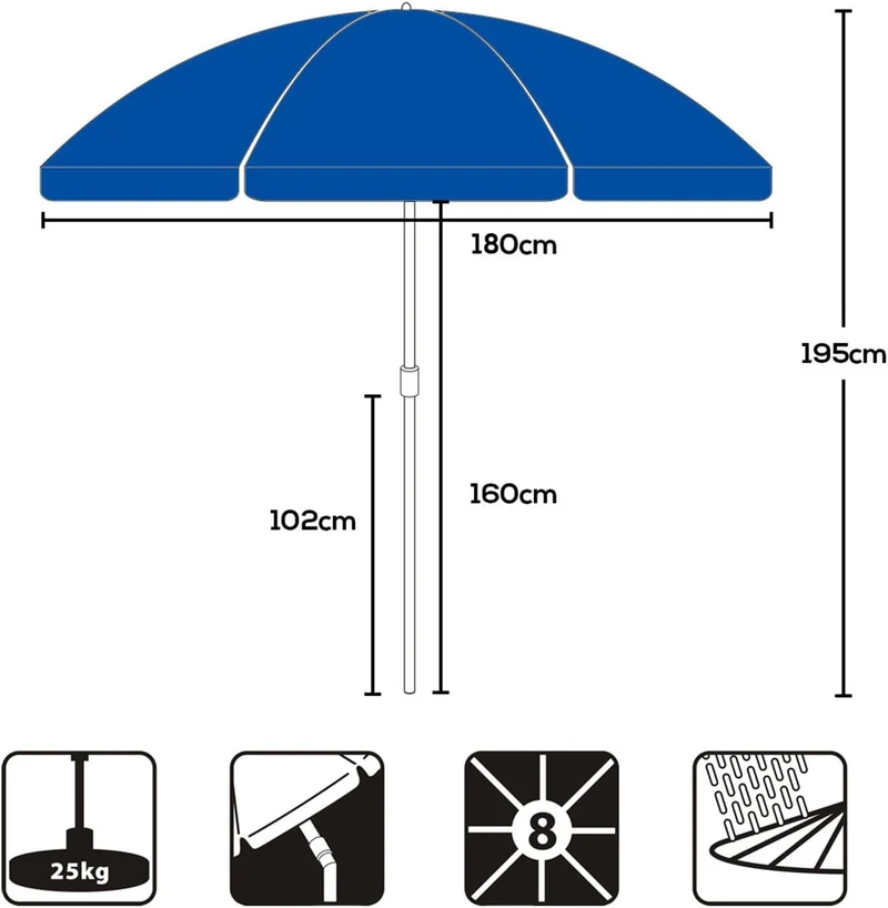 Sekey Sonnenschirm Ø160 cm rund – Strand- & Balkonschirm mit Neigungswinkel & Höhenverstellung, inkl. Schutzhülle, 140 g/m² Polyester, für Garten, Terrasse & Strand