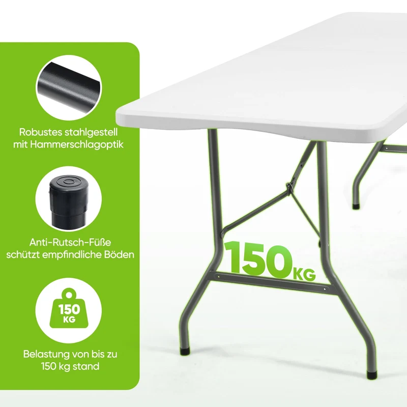 Sekey Klapptisch 152x70x74 cm – Robuster Buffettisch aus Kunststoff, tragbar mit Griff, wetterfest & faltbar – Campingtisch, Partytisch, Gartentisch für 4 Personen