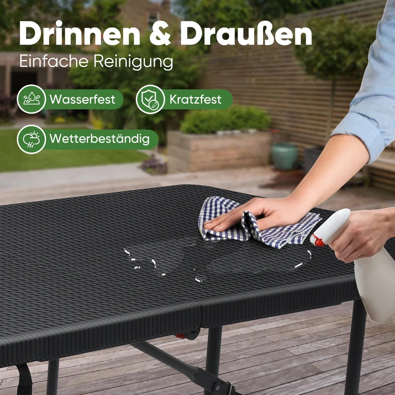 Sekey Klapptisch Gartentisch klappbar – Rattan-Optik/Glatt, wetterfest & tragbar, ideal für Balkon, Garten & Party