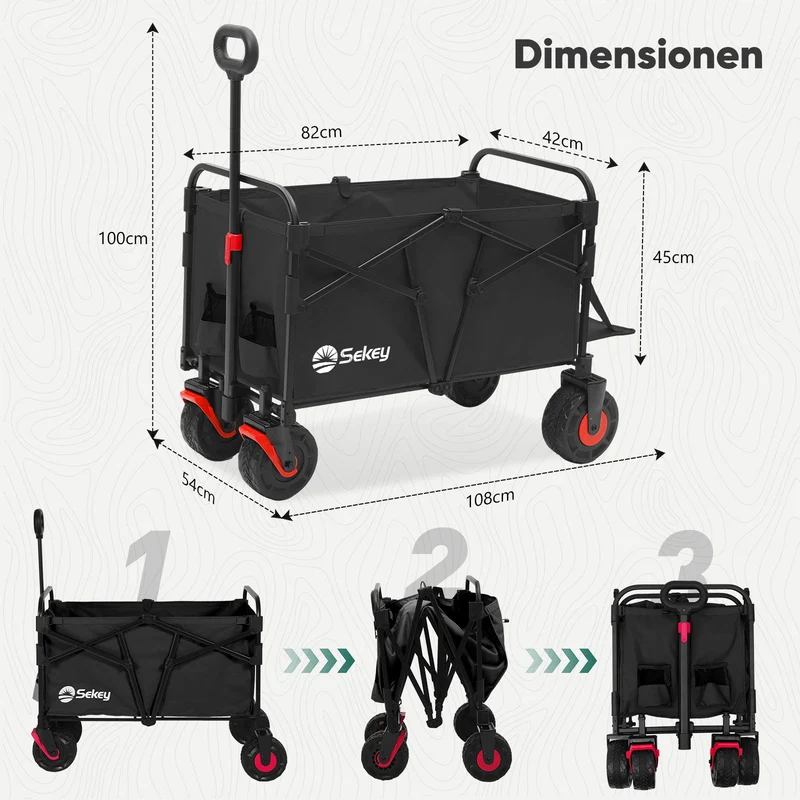 Sekey Faltbarer Transportwagen mit 200 kg Belastbarkeit – Robuster Bollerwagen mit Blasformreifen für Strand & Garten