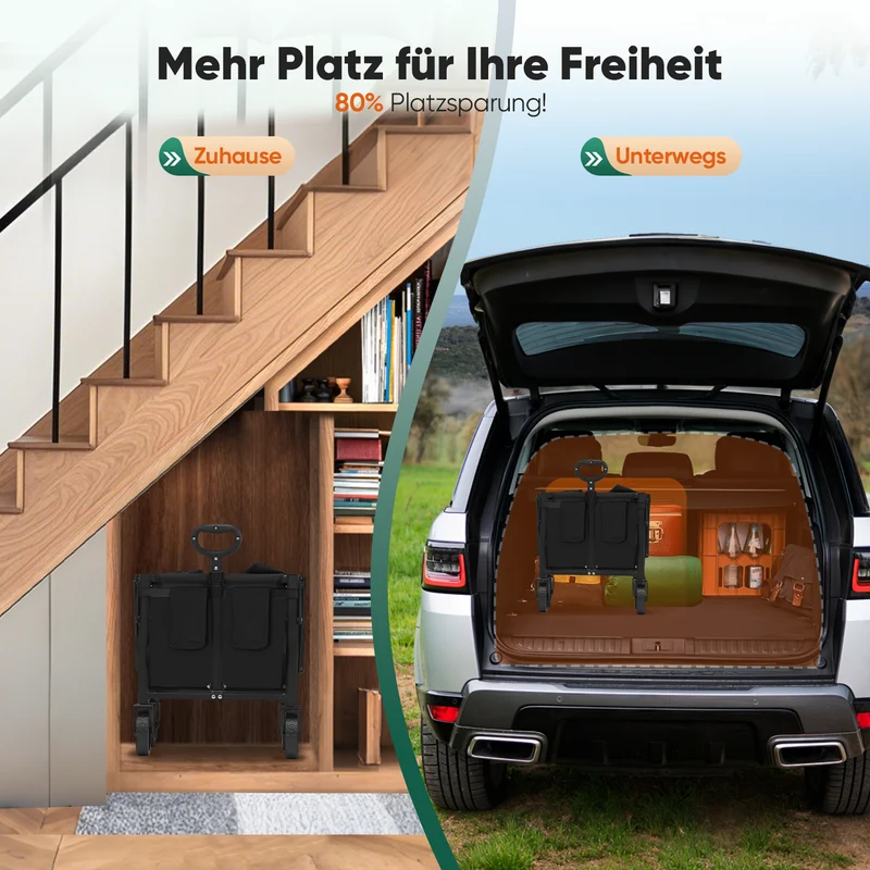 Sekey 4029 Klappbarer Bollerwagen mit Bremse – Platzsparender Handwagen für Ausflüge & Einkäufe
