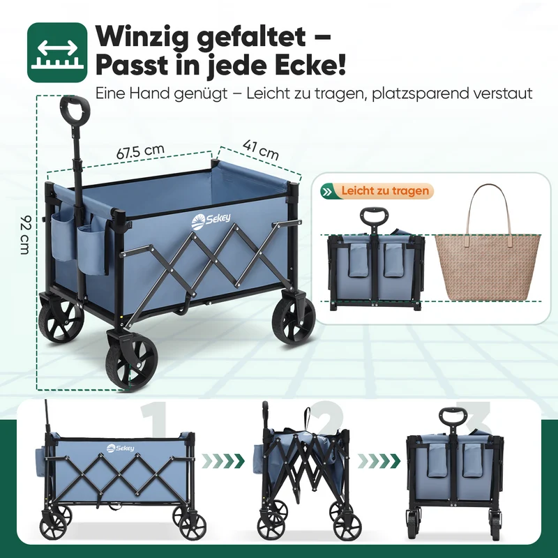 Sekey 4029 Klappbarer Bollerwagen mit Bremse – Platzsparender Handwagen für Ausflüge & Einkäufe
