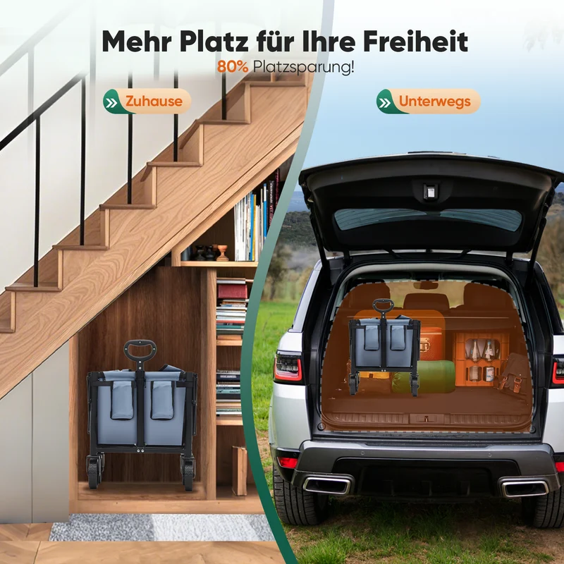 Sekey 4029 Klappbarer Bollerwagen mit Bremse – Platzsparender Handwagen für Ausflüge & Einkäufe