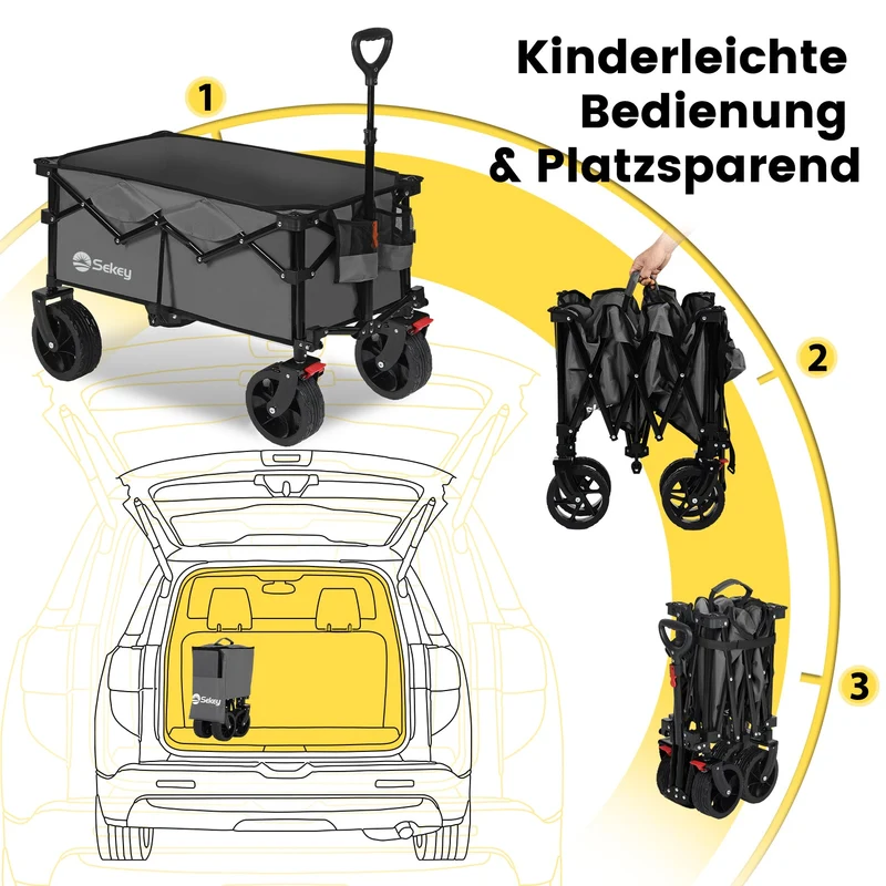 Sekey 4020 Faltbarer Bollerwagen 150kg mit Bremsen & Breitreifen – Robuster Handwagen für Gelände & Outdoor