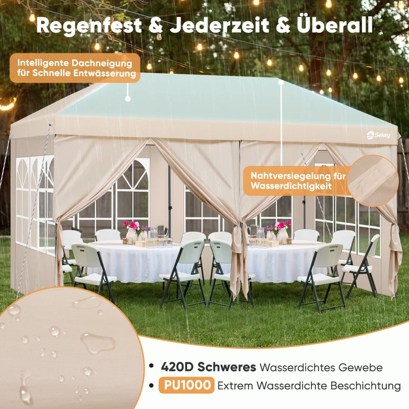 Sekey Faltpavillon 3x6m mit 6 Seitenteilen, One-Touch-System, UV50+ & wasserdicht, Höhenverstellbar (250–270cm), inkl. Sandsäcke & Tragetasche