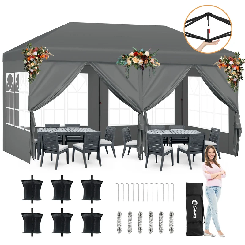 Sekey Faltpavillon 3x6m mit 6 Seitenteilen, One-Touch-System, UV50+ & wasserdicht, Höhenverstellbar (250–270cm), inkl. Sandsäcke & Tragetasche